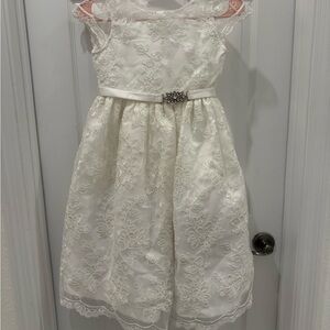 Beautiful “Special Occasion” ivory lace dress with rhinestone brooch